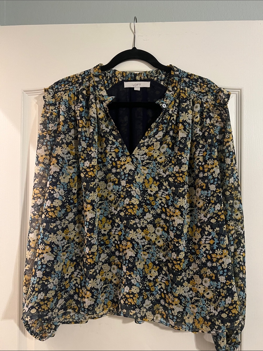 LOFT Navy Floral Notch-Neck Blouse with Yellow and Blue Flowers